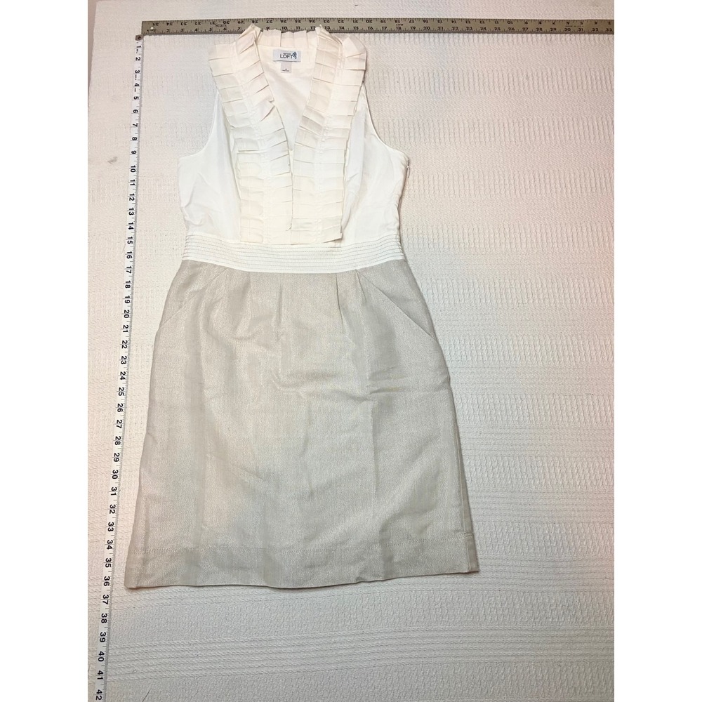 Ann Taylor Loft White Champagne Metallic Ruffle V-Neck Sheath Dress Size 4 - Picture 3 of 5